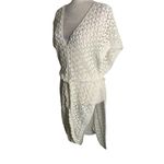 Handmade  Loose Knit Cover Up Poncho One Size White V Neck Tie Belt Open Sides Photo 4