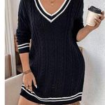 VICI [] Navy Blue White V-Neck Chunky Cable Knit Oversized Sweater Dress NWT XL Photo 0