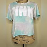 PINK - Victoria's Secret Victoria’s Secret PINK Cropped Light Blue, Lavender & White Tie Dye Shirt Sz M Photo 3