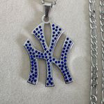 Silver Stainless Steel Figaro Chain Necklace and New York Yankees Blue Pendant Photo 2