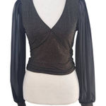 Moa Moa  Black and Gold Top with Full Sheer Sleeves NWOT Size XS Black Wrap Top Photo 0