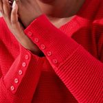 Loft ANN TAYLOR Textured Button Cuff Sweater Bright Red 100% Cotton Crew Neck M Photo 2