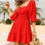 Exlura Lantern Sleeve Tie Back Casual Dress Ruffled Off Shoulder A-Line Red (89) Photo 4