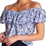 Rebecca Taylor  Off The Shoulder Blue White Floral Aimee Cotton Top Photo 0