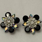 Glamorous Vintage Rhinestone Clip On Earrings Black Clear & Aurora Borealis Photo 2