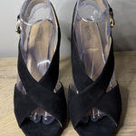 Michael Kors  Black Suede Peep Toe Platform Heels Gold Buckle Dress Shoes Size 9M Photo 0