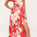 Lulus Dress Womens Small Red Heart of Marigold Red Tropical Print Wrap Maxi Photo 0