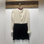 white ruffle bib dress pleated black knee length skirt Sz L cotton poly silk Size L Photo 1