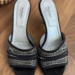 Nero Giardini Italy 3” Heel Mules Bling Logo Black Satin $270 39 Size 8.5 Photo 0