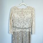 Tadashi Shoji  Lace Boatneck 3/4 Sleeve Gown Cream Beige Long Dress Bow Belt 12 Photo 10