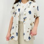 vtg dreamy watercolor ivory slate blue delicate button down top feminine floral White Size L Photo 9