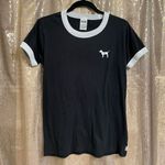 PINK - Victoria's Secret PINK Ringer Black White Holographic Holiday Dog T-Shirt, Small Photo 0