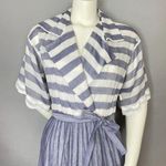 Vintage Albert Nipon Pleated Dress Striped Short Sleeves Tie Belt 1980s Nautical Blue Size undefined Photo 2