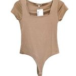 Shop Stevie Tan Soft Short Sleeve Fitted Bodysuit One Piece Medium Brown Photo 0