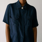 Vintage Kathy Che Size 10 Button Up Satin Blouse Dark Blue Embroidered Lace Photo 0