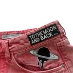 ZARA Faded Coral Pink Denim High Waisted Cut Off Jean Shorts "Space" Patches Photo 2