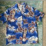 Vintage Hilo Hattie blue pal trees Hawaiian print button down blouse, size XS Photo 0