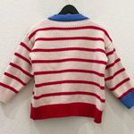 Striped Thick Knit Heart Patch 3/4 Sleeve Cropped Cardigan Sweater Red Photo 5