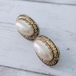 Vintage Clip On Earrings Oval Shaped Faux Pearl with Gold Tone Halo Photo 3