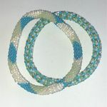 Lot of 2 Blue & Green Seed Bead Beaded Boho Mesh Rollover Bracelets Photo 0