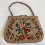 Vintage Floral Tapestry Needlepoint Purse Handbag Granny w/ Small Mirror EUC Tan Photo 0