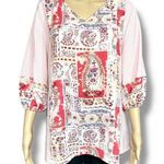 Flamingo Womens Peasant Top Blouse Shirt Stripes Paisley Floral V Neck Pink Med Photo 0