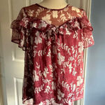 Doe & Rae  Wine Burgundy Floral Blouse Small Ruffle Flutter Sleeve Chiffon Top Photo 0