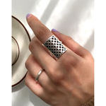 Boutique Solid Statement Ring White Gold Plated Sterling Adjustable Lattice Wide Band‎ Photo 1