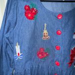 Mosaic Embroidered Denim holiday Dress with Red Buttons Blue Size 16 Photo 4
