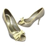 BCBGirls  yellow snake patent leather bow peep toe heels 7.5 Photo 0