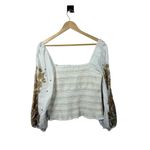 Anthropologie  Women’s Smocked Embroidered Puff Sleeve Square Neck White/Gold L Photo 10