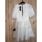 Lulus NWT  Dramatic Poise White Dot Tulle Puff Sleeve Tiered Mini Dress Size S Photo 7