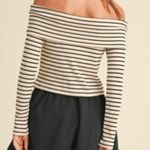 Miou Muse Womans Striped off the shoulder Top Size M Green Beige Ribbed Stretch Size M Photo 1
