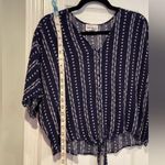 FOR THE REPUBLIC Size S Navy Blue Boho Short Sleeve Cropped Front Knot Top Photo 6