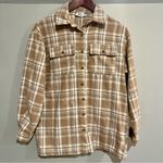 Princess Polly  Oversized Flannel Shirt in Tan and Cream Photo 3