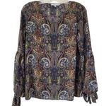 Rose + Olive Paisley Flowy Boho Top Womens Size Medium Balloon Tie Sleeve Retro Photo 0