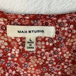Max Studio L Large Top Blouse Scarlet Red Daisy Floral Ruffled Sleeve Tie Photo 6
