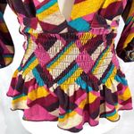 Vintage deep vneck colorful abstract print smocked peplum sweater top medium Photo 2