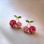 Elegant Pink and Green Crystal Cherry Earrings Photo 0