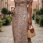 ASTR Lace Up Puff Sleeve Midi Dress in Brown Floral Size Small NWT Photo 0