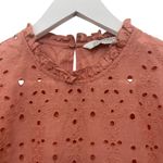 ZARA  Premium Denim Eyelet Top S Coral Pink Cotton Balloon Sleeve Scalloped Photo 6