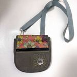 Haiku Vegan Pebbled Leather Crossbody Purse Brown Green Strap Floral Fold Over Gray Photo 0