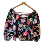 C&C California  Black Floral Square Neck Balloon Sleeve Linen Crop Top S Photo 3