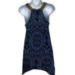 Anthropologie LANGUAGE LA Shades of Blue Hankie Hem Gold Embroidered Top XS Photo 7