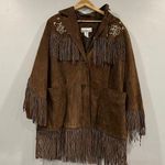 Denim 24/7 Brown Suede Fringed Embroidered Western Jacket Size 16W Photo 0