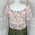 Active USA  Sheer Floral Chiffon Tie Front Crop Blouse Blue Pink 1XL Puff Sleeve Photo 5