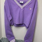 Champion Reverse Weave Sweatshirt Womens Purple V-Neck Cropped Varsity Photo 0