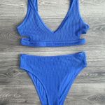 Aerie Crinkle Bikini Set Scoop Cut Out Top High Cut Cheeky Bottom Blue Size XL Photo 0