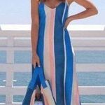 H&M NWT Lemlem Blue Beige Stripe Slip Satin Midi Dress Size L Photo 0