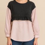 Kensie Kenzie Medium Black & Pink Striped Mixed Media Ruffle Hem Top Photo 0